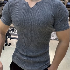 Men's Stylish Solid Shirt, Casual Breathable V Neck Short Sleeve Tee Top For City Walk Street Hanging Outdoor Activities Men's Stylish Solid Shirt, Casual Breathable V Neck Short Sleeve Tee Top For City Walk Street Hanging Outdoor Activities