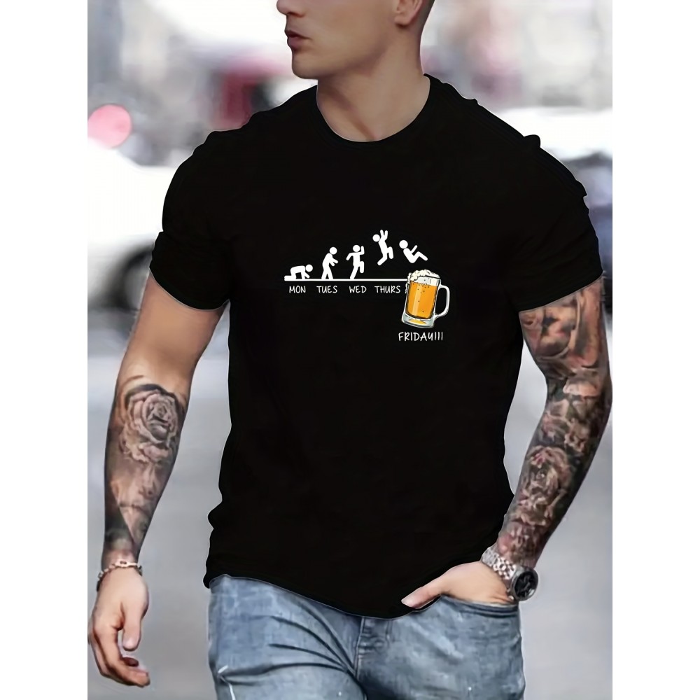 Jumping In Beer Print T-shirt, Men's Casual Street Style Stretch Round Neck Tee Shirt For Summer Jumping In Beer Print T-shirt, Men's Casual Street Style Stretch Round Neck Tee Shirt For Summer
