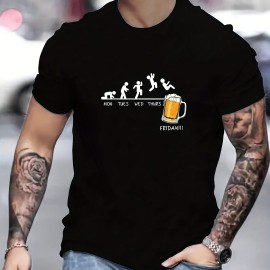 Jumping In Beer Print T-shirt, Men's Casual Street Style Stretch Round Neck Tee Shirt For Summer Jumping In Beer Print T-shirt, Men's Casual Street Style Stretch Round Neck Tee Shirt For Summer