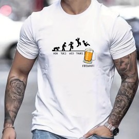 Jumping In Beer Print T-shirt, Men's Casual Street Style Stretch Round Neck Tee Shirt For Summer Jumping In Beer Print T-shirt, Men's Casual Street Style Stretch Round Neck Tee Shirt For Summer