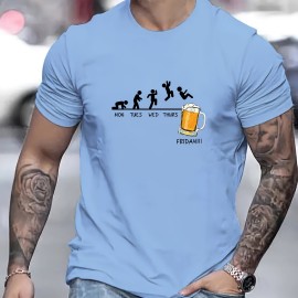 Jumping In Beer Print T-shirt, Men's Casual Street Style Stretch Round Neck Tee Shirt For Summer Jumping In Beer Print T-shirt, Men's Casual Street Style Stretch Round Neck Tee Shirt For Summer