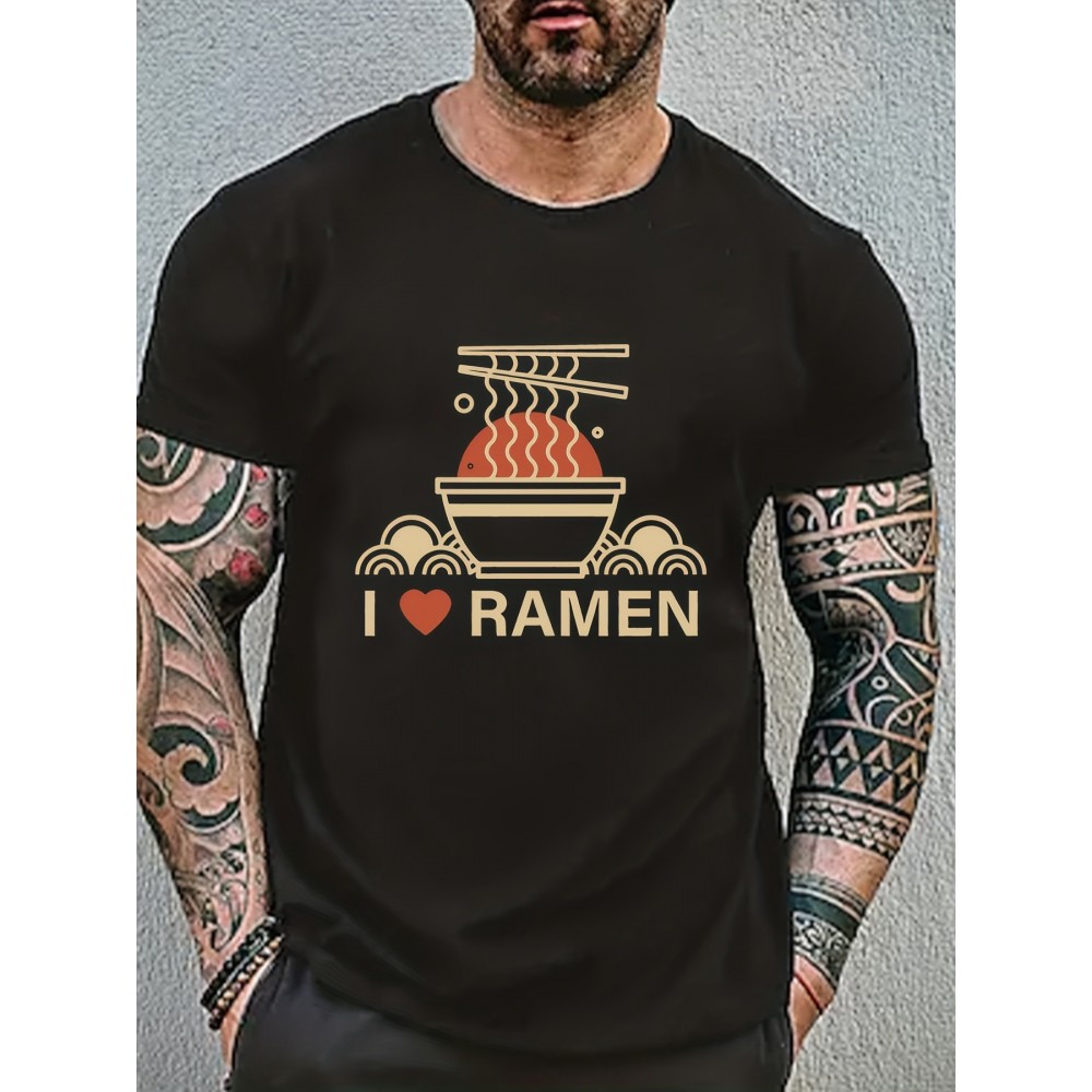 Ramen Lover Pattern Print Men's Comfy Slightly Stretch T-shirt, Graphic Tee Men's Summer Clothes, Men's Casual Outfits For Sports Fitness Ramen Lover Pattern Print Men's Comfy Slightly Stretch T-shirt, Graphic Tee Men's Summer Clothes, Men's Casual Outfits For Sports Fitness