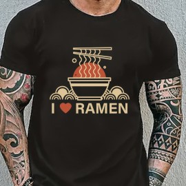 Ramen Lover Pattern Print Men's Comfy Slightly Stretch T-shirt, Graphic Tee Men's Summer Clothes, Men's Casual Outfits For Sports Fitness Ramen Lover Pattern Print Men's Comfy Slightly Stretch T-shirt, Graphic Tee Men's Summer Clothes, Men's Casual Outfits For Sports Fitness