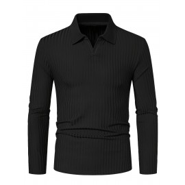 Ribbed Men's Solid Color V-neck Long Sleeve Shirt, Male Spring Fall Casual Top Ribbed Men's Solid Color V-neck Long Sleeve Shirt, Male Spring Fall Casual Top