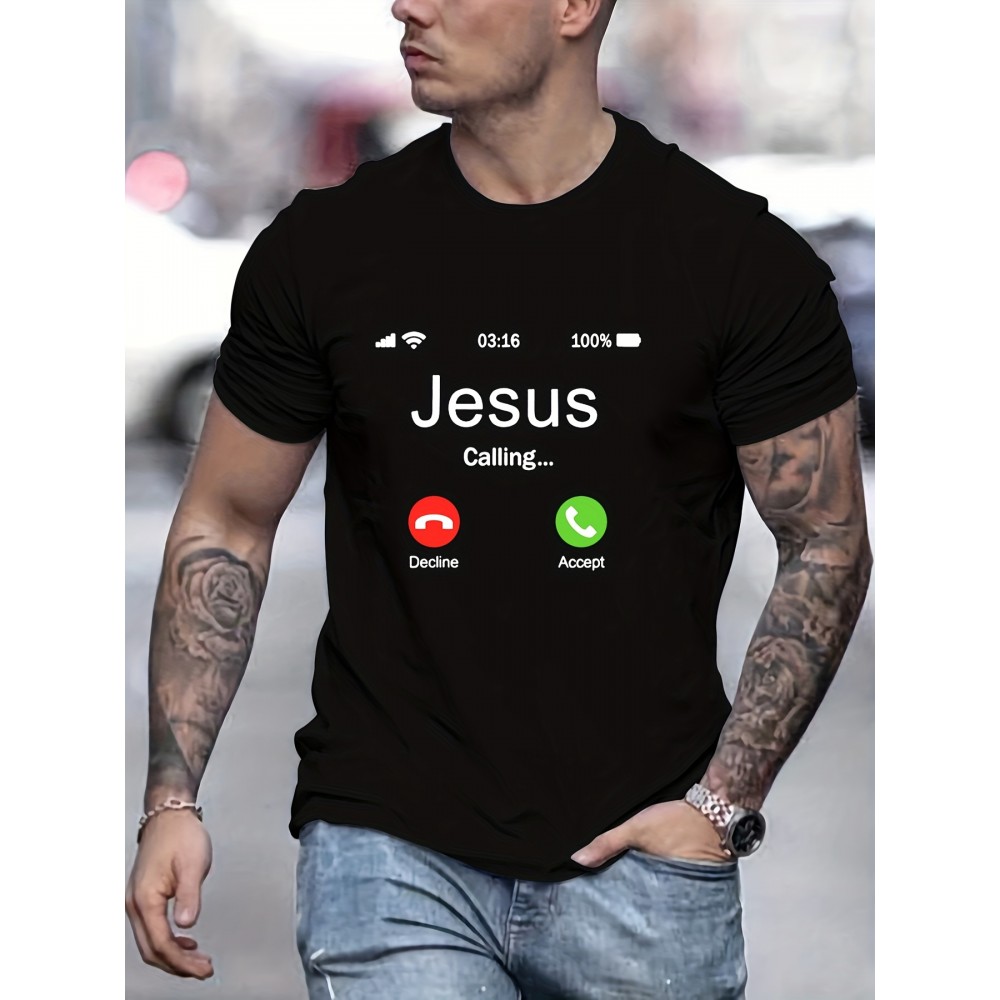 JESUS CALLING Creative Pattern Men's T-shirt For Summer Outdoor, Men's Trendy Crew Neck Tops JESUS CALLING Creative Pattern Men's T-shirt For Summer Outdoor, Men's Trendy Crew Neck Tops