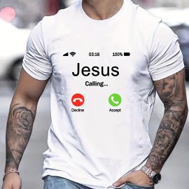 JESUS CALLING Creative Pattern Men's T-shirt For Summer Outdoor, Men's Trendy Crew Neck Tops JESUS CALLING Creative Pattern Men's T-shirt For Summer Outdoor, Men's Trendy Crew Neck Tops