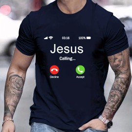 JESUS CALLING Creative Pattern Men's T-shirt For Summer Outdoor, Men's Trendy Crew Neck Tops JESUS CALLING Creative Pattern Men's T-shirt For Summer Outdoor, Men's Trendy Crew Neck Tops