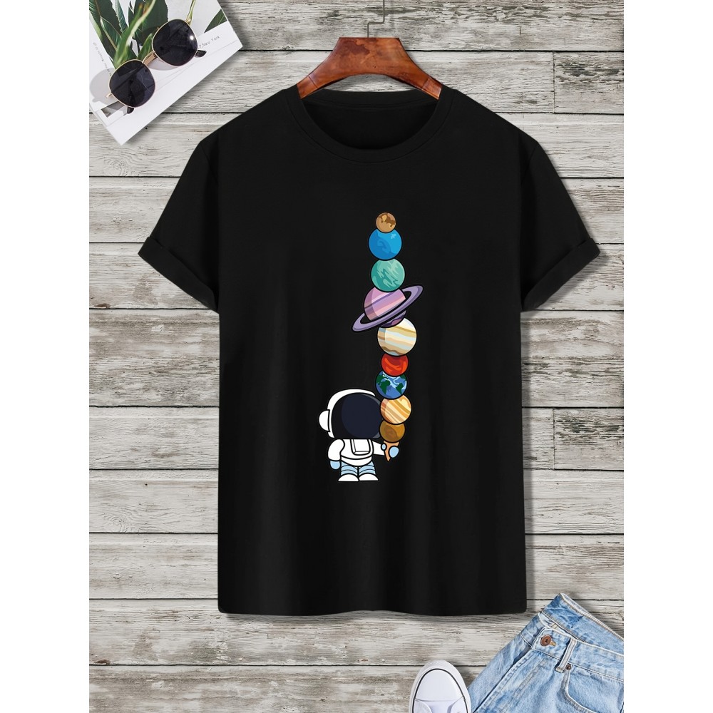 Men's Cartoon Polyester Astronaut And Planet Print Tee Best Sellers Men's Cartoon Polyester Astronaut And Planet Print Tee Best Sellers