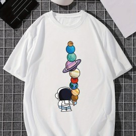 Men's Cartoon Polyester Astronaut And Planet Print Tee Best Sellers Men's Cartoon Polyester Astronaut And Planet Print Tee Best Sellers