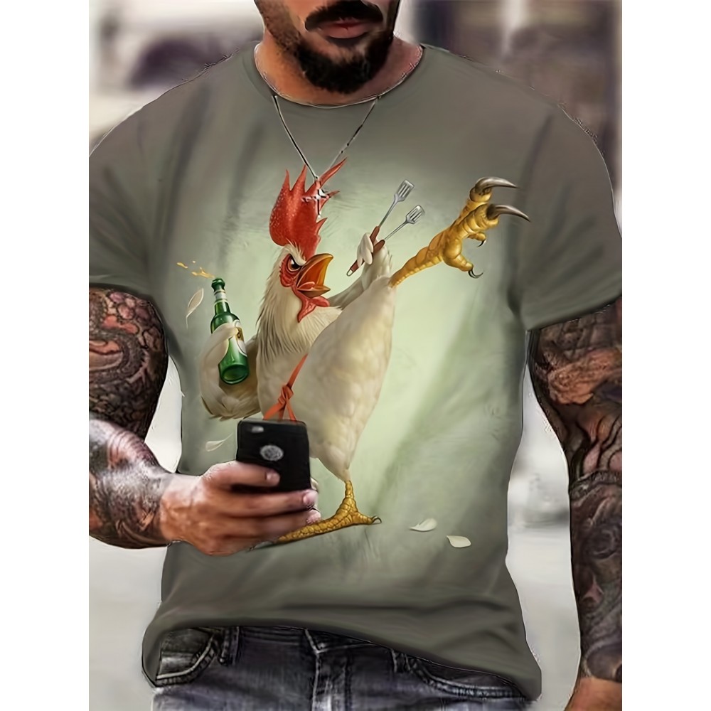 Kung Fu Rooster Pattern 3d PrintT-shirt, Men's Casual Slightly Stretch Round Neck T-shirt For Spring Summer Kung Fu Rooster Pattern 3d PrintT-shirt, Men's Casual Slightly Stretch Round Neck T-shirt For Spring Summer