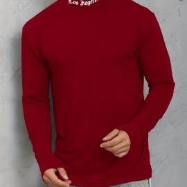 LOS ANGELES Print Men's Casual Turtleneck Long Sleeve Fit Slim T-shirt, Spring Fall LOS ANGELES Print Men's Casual Turtleneck Long Sleeve Fit Slim T-shirt, Spring Fall