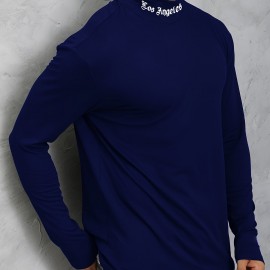 LOS ANGELES Print Men's Casual Turtleneck Long Sleeve Fit Slim T-shirt, Spring Fall LOS ANGELES Print Men's Casual Turtleneck Long Sleeve Fit Slim T-shirt, Spring Fall