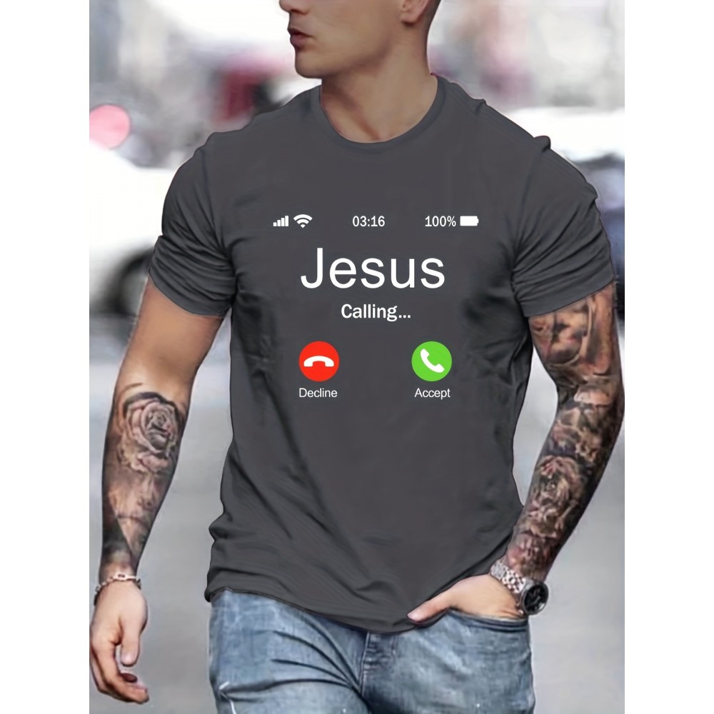 Jesus Calling Pattern Print Men's Comfy T-shirt, Graphic Tee Men's Summer Outdoor Clothes, Men's Clothing, Tops For Men Jesus Calling Pattern Print Men's Comfy T-shirt, Graphic Tee Men's Summer Outdoor Clothes, Men's Clothing, Tops For Men