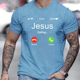 Jesus Calling Pattern Print Men's Comfy T-shirt, Graphic Tee Men's Summer Outdoor Clothes, Men's Clothing, Tops For Men Jesus Calling Pattern Print Men's Comfy T-shirt, Graphic Tee Men's Summer Outdoor Clothes, Men's Clothing, Tops For Men