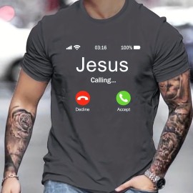 Jesus Calling Pattern Print Men's Comfy T-shirt, Graphic Tee Men's Summer Outdoor Clothes, Men's Clothing, Tops For Men Jesus Calling Pattern Print Men's Comfy T-shirt, Graphic Tee Men's Summer Outdoor Clothes, Men's Clothing, Tops For Men