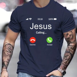 Jesus Calling Pattern Print Men's Comfy T-shirt, Graphic Tee Men's Summer Outdoor Clothes, Men's Clothing, Tops For Men Jesus Calling Pattern Print Men's Comfy T-shirt, Graphic Tee Men's Summer Outdoor Clothes, Men's Clothing, Tops For Men