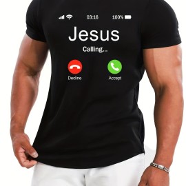 Jesus Calling Pattern Print Men's Comfy T-shirt, Graphic Tee Men's Summer Outdoor Clothes, Men's Clothing, Tops For Men Jesus Calling Pattern Print Men's Comfy T-shirt, Graphic Tee Men's Summer Outdoor Clothes, Men's Clothing, Tops For Men