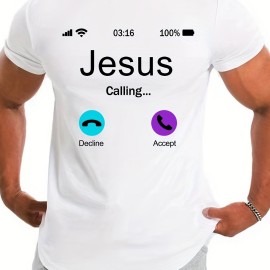 Jesus Calling Pattern Print Men's Comfy T-shirt, Graphic Tee Men's Summer Outdoor Clothes, Men's Clothing, Tops For Men Jesus Calling Pattern Print Men's Comfy T-shirt, Graphic Tee Men's Summer Outdoor Clothes, Men's Clothing, Tops For Men