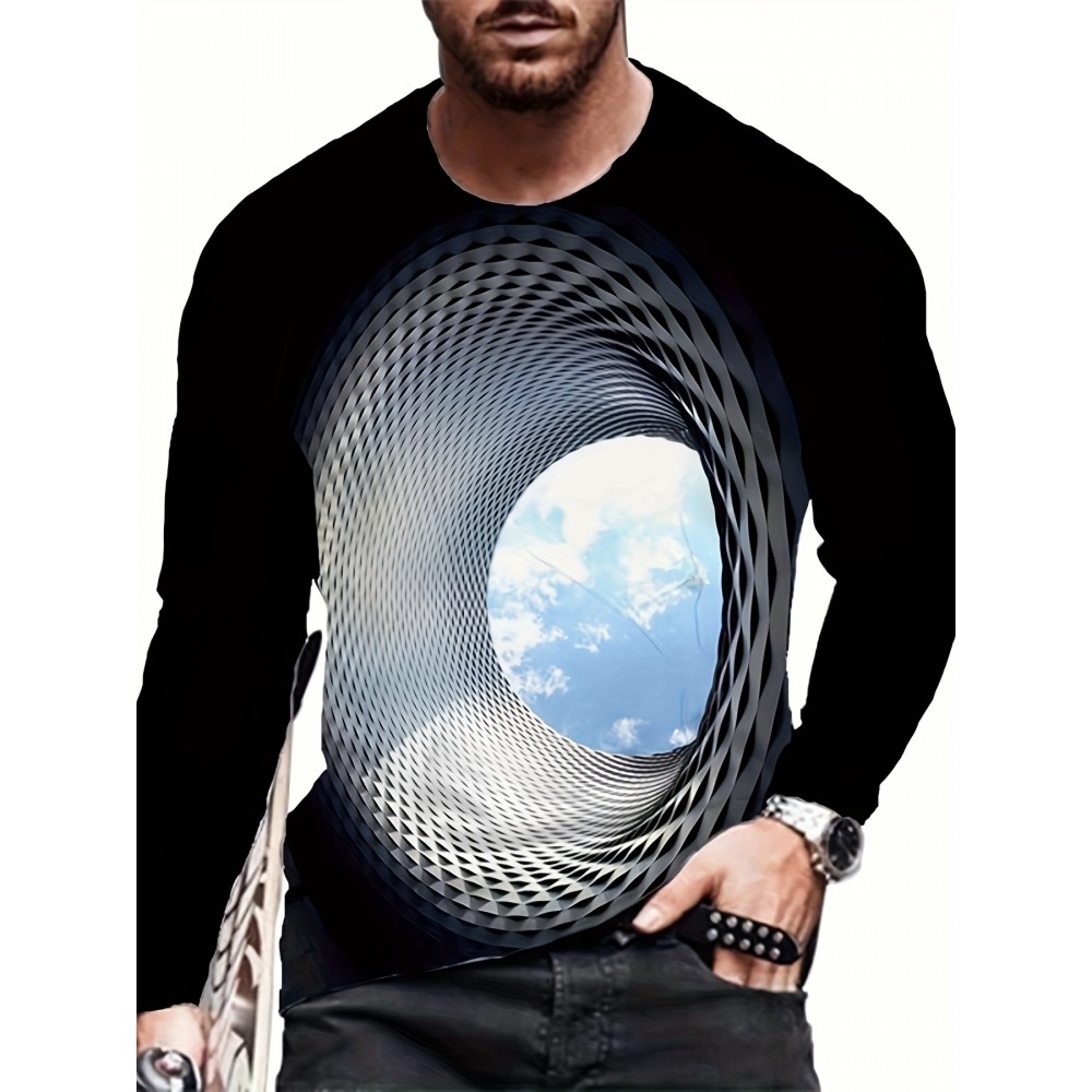 3D Geometric Print Men's Trendy Graphic Long Sleeve Fit T-shirt, Spring Fall 3D Geometric Print Men's Trendy Graphic Long Sleeve Fit T-shirt, Spring Fall