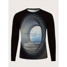 3D Geometric Print Men's Trendy Graphic Long Sleeve Fit T-shirt, Spring Fall 3D Geometric Print Men's Trendy Graphic Long Sleeve Fit T-shirt, Spring Fall