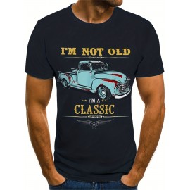 Vintage Car & Letter Pattern Print Men's Comfy Chic T-shirt, Graphic Tee Men's Summer Outdoor Clothes, Men's Clothing, Tops For Men, Gift For Men