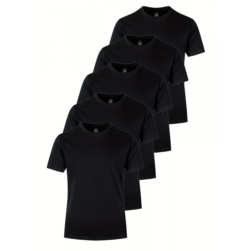 5pcs Men's Solid Cotton Lightweight Crew Neck T-Shirts Set For Summer Sports, Gift For Men 5pcs Men's Solid Cotton Lightweight Crew Neck T-Shirts Set For Summer Sports, Gift For Men