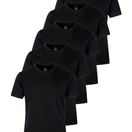 5pcs Men's Solid Cotton Lightweight Crew Neck T-Shirts Set For Summer Sports, Gift For Men 5pcs Men's Solid Cotton Lightweight Crew Neck T-Shirts Set For Summer Sports, Gift For Men