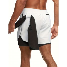 2-in-1 Double Layer Shorts With Inner Zipper Pocket, Men's High Stretch Sports Shorts For Summer Gym Workout Training 2-in-1 Double Layer Shorts With Inner Zipper Pocket, Men's High Stretch Sports Shorts For Summer Gym Workout Training