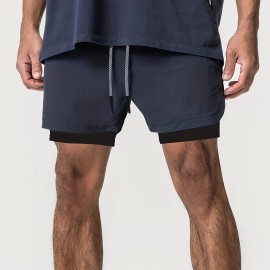 2-in-1 Double Layer Shorts With Inner Zipper Pocket, Men's High Stretch Sports Shorts For Summer Gym Workout Training 2-in-1 Double Layer Shorts With Inner Zipper Pocket, Men's High Stretch Sports Shorts For Summer Gym Workout Training