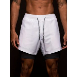 2-in-1 Double Layer Shorts With Inner Zipper Pocket, Men's High Stretch Sports Shorts For Summer Gym Workout Training 2-in-1 Double Layer Shorts With Inner Zipper Pocket, Men's High Stretch Sports Shorts For Summer Gym Workout Training