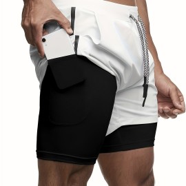 2-in-1 Double Layer Shorts With Inner Zipper Pocket, Men's High Stretch Sports Shorts For Summer Gym Workout Training 2-in-1 Double Layer Shorts With Inner Zipper Pocket, Men's High Stretch Sports Shorts For Summer Gym Workout Training