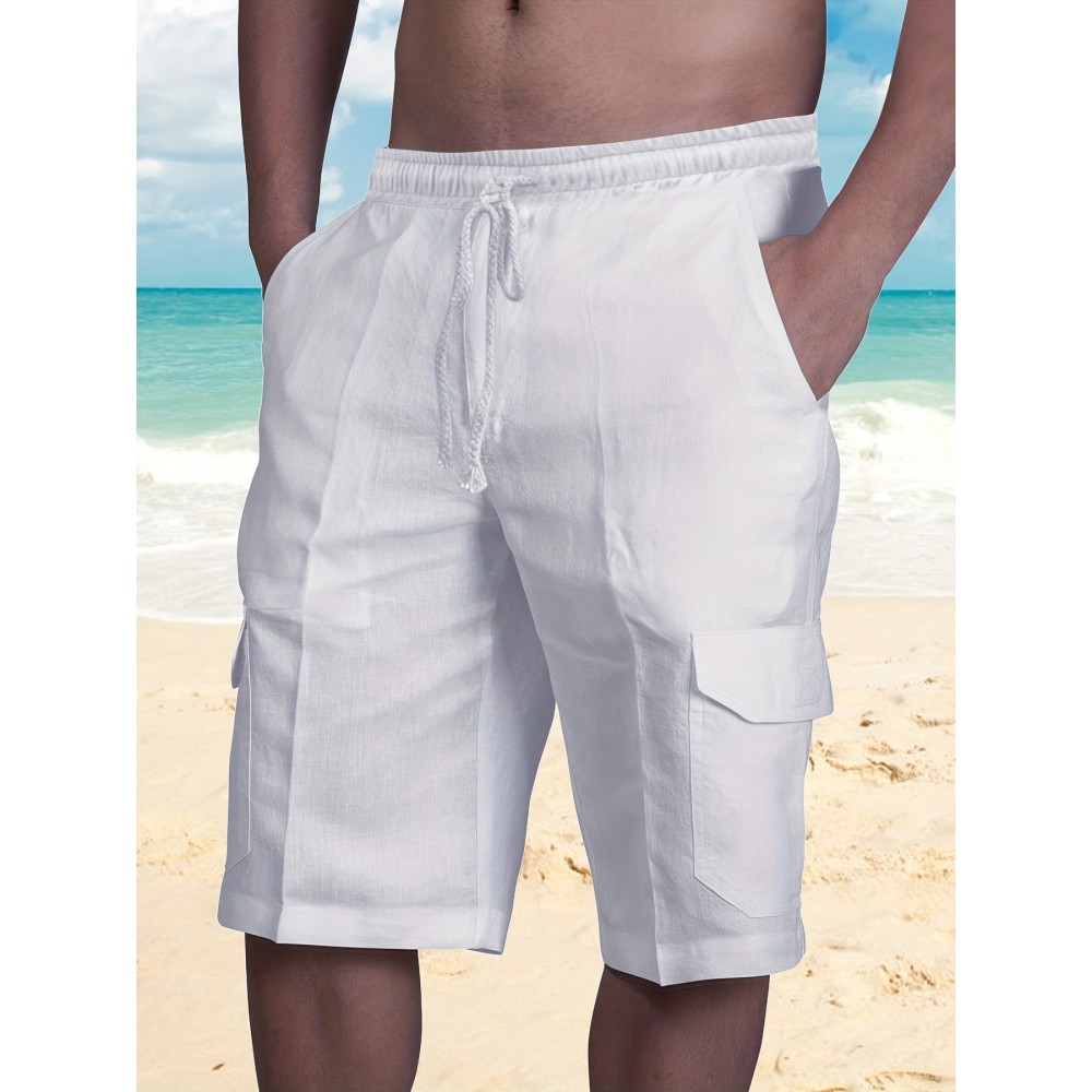 Classic Design Cotton Cargo Shorts, Men's Casual Multi Pocket Waist Drawstring Cargo Shorts For Summer Outdoor Classic Design Cotton Cargo Shorts, Men's Casual Multi Pocket Waist Drawstring Cargo Shorts For Summer Outdoor