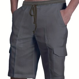 Classic Design Cotton Cargo Shorts, Men's Casual Multi Pocket Waist Drawstring Cargo Shorts For Summer Outdoor Classic Design Cotton Cargo Shorts, Men's Casual Multi Pocket Waist Drawstring Cargo Shorts For Summer Outdoor