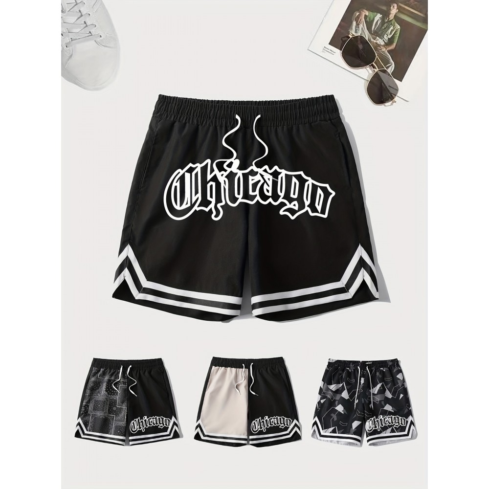 Letter Print Chevron Quick Drying Comfy Shorts, Men's Casual Waist Drawstring Shorts For Summer Gym Workout Training Letter Print Chevron Quick Drying Comfy Shorts, Men's Casual Waist Drawstring Shorts For Summer Gym Workout Training
