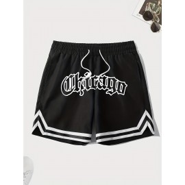 Letter Print Chevron Quick Drying Comfy Shorts, Men's Casual Waist Drawstring Shorts For Summer Gym Workout Training Letter Print Chevron Quick Drying Comfy Shorts, Men's Casual Waist Drawstring Shorts For Summer Gym Workout Training