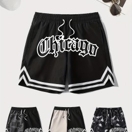 Letter Print Chevron Quick Drying Comfy Shorts, Men's Casual Waist Drawstring Shorts For Summer Gym Workout Training Letter Print Chevron Quick Drying Comfy Shorts, Men's Casual Waist Drawstring Shorts For Summer Gym Workout Training