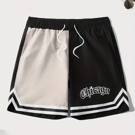 Letter Print Chevron Quick Drying Comfy Shorts, Men's Casual Waist Drawstring Shorts For Summer Gym Workout Training Letter Print Chevron Quick Drying Comfy Shorts, Men's Casual Waist Drawstring Shorts For Summer Gym Workout Training