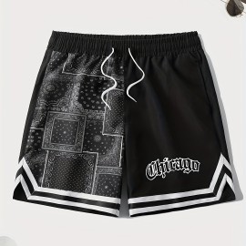 Letter Print Chevron Quick Drying Comfy Shorts, Men's Casual Waist Drawstring Shorts For Summer Gym Workout Training Letter Print Chevron Quick Drying Comfy Shorts, Men's Casual Waist Drawstring Shorts For Summer Gym Workout Training