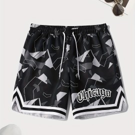 Letter Print Chevron Quick Drying Comfy Shorts, Men's Casual Waist Drawstring Shorts For Summer Gym Workout Training Letter Print Chevron Quick Drying Comfy Shorts, Men's Casual Waist Drawstring Shorts For Summer Gym Workout Training