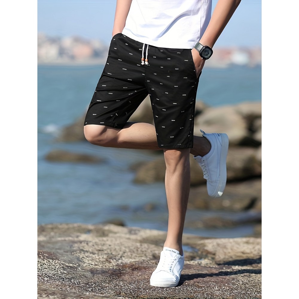 Casual Cotton Slightly Stretch Fish Bone Pattern Drawstring Shorts, Men's Cropped Pants For Summer Casual Cotton Slightly Stretch Fish Bone Pattern Drawstring Shorts, Men's Cropped Pants For Summer