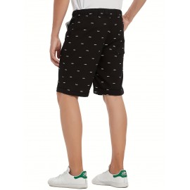 Casual Cotton Slightly Stretch Fish Bone Pattern Drawstring Shorts, Men's Cropped Pants For Summer Casual Cotton Slightly Stretch Fish Bone Pattern Drawstring Shorts, Men's Cropped Pants For Summer