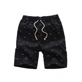 Casual Cotton Slightly Stretch Fish Bone Pattern Drawstring Shorts, Men's Cropped Pants For Summer Casual Cotton Slightly Stretch Fish Bone Pattern Drawstring Shorts, Men's Cropped Pants For Summer