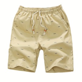Casual Cotton Slightly Stretch Fish Bone Pattern Drawstring Shorts, Men's Cropped Pants For Summer Casual Cotton Slightly Stretch Fish Bone Pattern Drawstring Shorts, Men's Cropped Pants For Summer