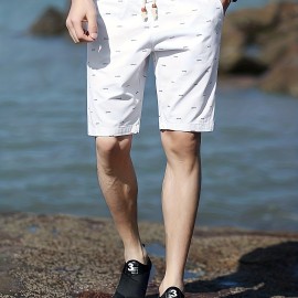 Casual Cotton Slightly Stretch Fish Bone Pattern Drawstring Shorts, Men's Cropped Pants For Summer Casual Cotton Slightly Stretch Fish Bone Pattern Drawstring Shorts, Men's Cropped Pants For Summer