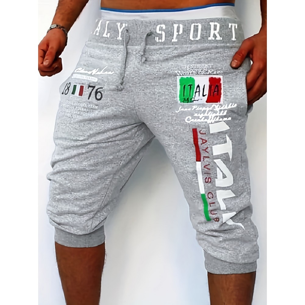 Italy Flag Letter Print Comfy Shorts, Men's Casual Solid Color Slightly Stretch Elastic Waist Drawstring Shorts For Summer Italy Flag Letter Print Comfy Shorts, Men's Casual Solid Color Slightly Stretch Elastic Waist Drawstring Shorts For Summer