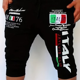 Italy Flag Letter Print Comfy Shorts, Men's Casual Solid Color Slightly Stretch Elastic Waist Drawstring Shorts For Summer Italy Flag Letter Print Comfy Shorts, Men's Casual Solid Color Slightly Stretch Elastic Waist Drawstring Shorts For Summer