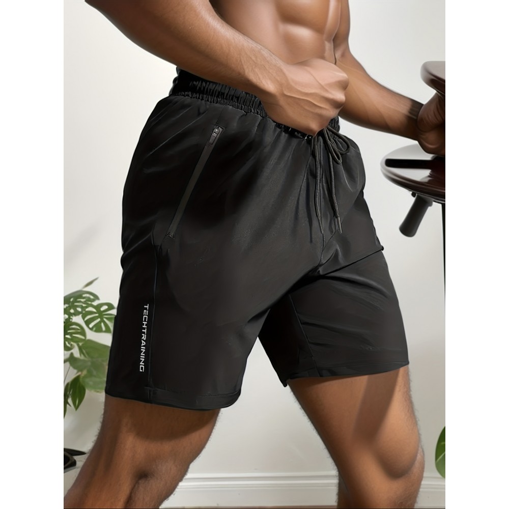Quick Drying Comfy Active Shorts, Men's Casual Zipper Pockets Stretch Waist Drawstring Shorts For Summer Gym Workout Training Quick Drying Comfy Active Shorts, Men's Casual Zipper Pockets Stretch Waist Drawstring Shorts For Summer Gym Workout Training
