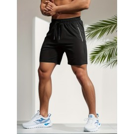 Quick Drying Comfy Active Shorts, Men's Casual Zipper Pockets Stretch Waist Drawstring Shorts For Summer Gym Workout Training Quick Drying Comfy Active Shorts, Men's Casual Zipper Pockets Stretch Waist Drawstring Shorts For Summer Gym Workout Training