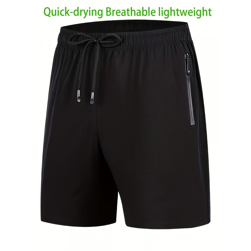 Zipper Pockets Quick Drying Comfy Active Shorts, Men's Casual Stretch Waist Drawstring Shorts For Summer Zipper Pockets Quick Drying Comfy Active Shorts, Men's Casual Stretch Waist Drawstring Shorts For Summer