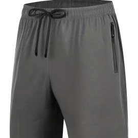 Zipper Pockets Quick Drying Comfy Active Shorts, Men's Casual Stretch Waist Drawstring Shorts For Summer Zipper Pockets Quick Drying Comfy Active Shorts, Men's Casual Stretch Waist Drawstring Shorts For Summer